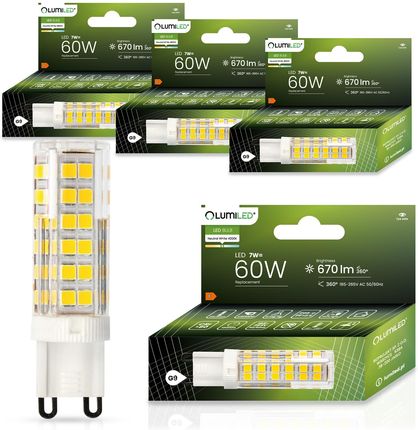 LUMILED Żarówki LED G9 zestaw 4 diod LED 7W = 60W 4000K neutralna biel 670lm kąt świecenia 360° 230V brak migotania SMD małe żarówki LED