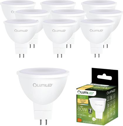 LUMILED GU5.3 żarówki LED reflektor 10 sztuk zestaw, MR16 8W (odpowiednik żarówek halogenowych 80W) 3000K ciepła biel 230V 720 lumen 120° kąt wiązki ż