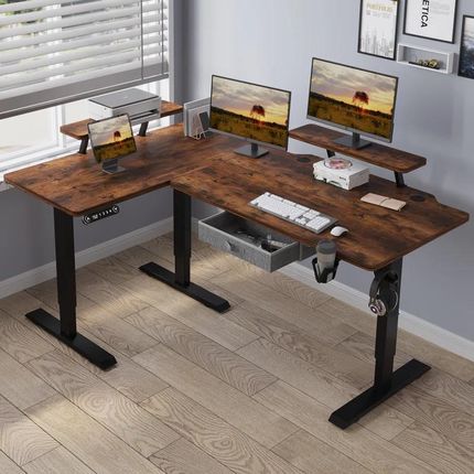 Hilodesk Elektryczne Biurko Stojące 160X120Cm L-Form Regulowana Wysokość, Brąz Retro