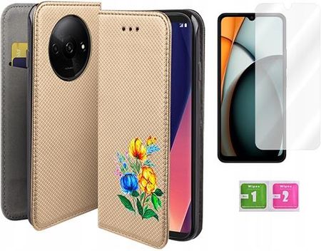 Martech Etui Z Klapką Do Xiaomi Redmi A3 4G Smart Magnet Case Złoty Kwiat Szkło 9H