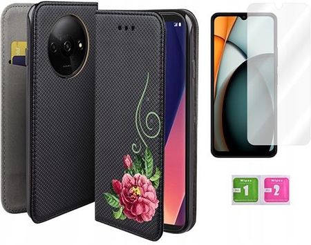 Martech Etui Z Klapką Do Xiaomi Redmi A3 4G Smart Magnet Case Kwiat Szkło Na Ekran