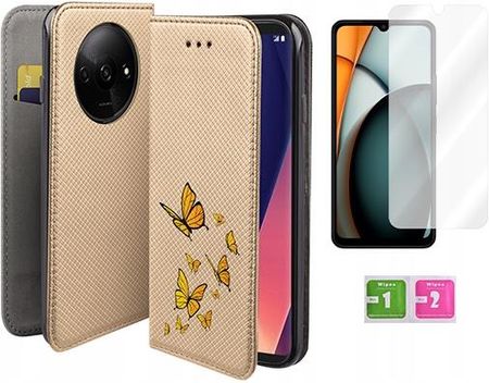 Martech Etui Z Klapką Do Xiaomi Redmi A3 4G Złoty Motyle Smart Magnet Case Szkło