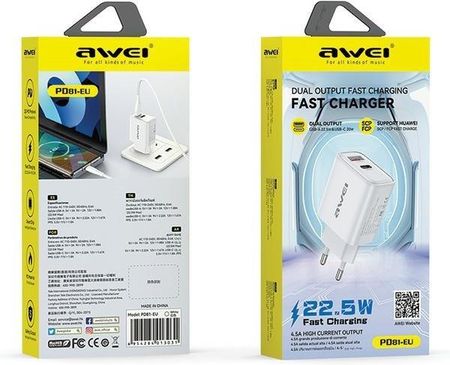 Awei Ładowarka Sieciowa 22 5W Gan Usb C Czarna - zdjęcie 2