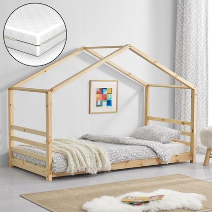 En.Casa Łóżko Dziecięce + Materac Ze Stelażem Listwowym I Siatką 90X200Cm Domowe Drewniane Młodzieżowe [En.Casa]