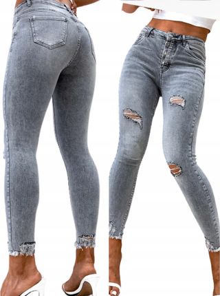 Damskie spodnie jeans szare rurki Skinny z guzikami S