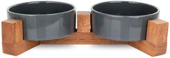 Barry King Zestaw 2 Misek Dla Kota Na Stojaku Drewnianym Ciemnoszare Ceramiczne 12Cm
