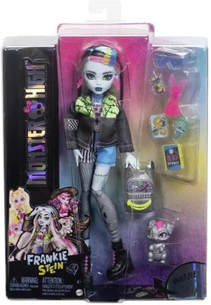 Mattel Monster High Frankie Stein Lalka w dżinsowej kurtce i szortach z figurką pieska Cotoś HPD53 HXH73