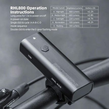Lampka Rowerowa Przednia 800Lm + Kabel Usb-C 4 Tryby Pracy - zdjęcie 3