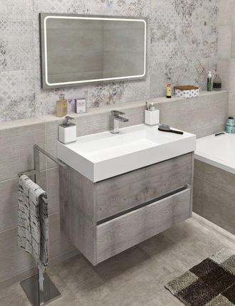 Sapho Nirona 85 Zestaw Szafka Podumywalkowa 82X43X51,5 Cm + Umywalka Meblowa 83X44 Cm + Lustro Z Oświetleniem Led 80X60 Cm Dąb Mocca Biały Kset 062