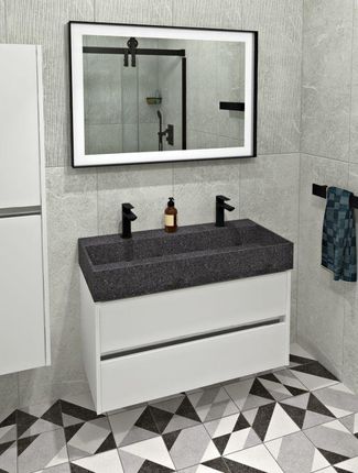 Sapho Nirona 100 Zestaw Szafka Podumywalkowa 95X43X51,5 Cm + Umywalka Meblowa Betonowa 96X44 Cm + Lustro Z Oświetleniem Led 100X70 Cm Biały Czarny
