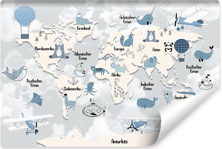 Muralo Fototapeta Abstrakcyjna Mapa Świata Zwierzaki Łodzie Podwodne Dekoracja Do Pokoju Dziecka 3D 254x184cm