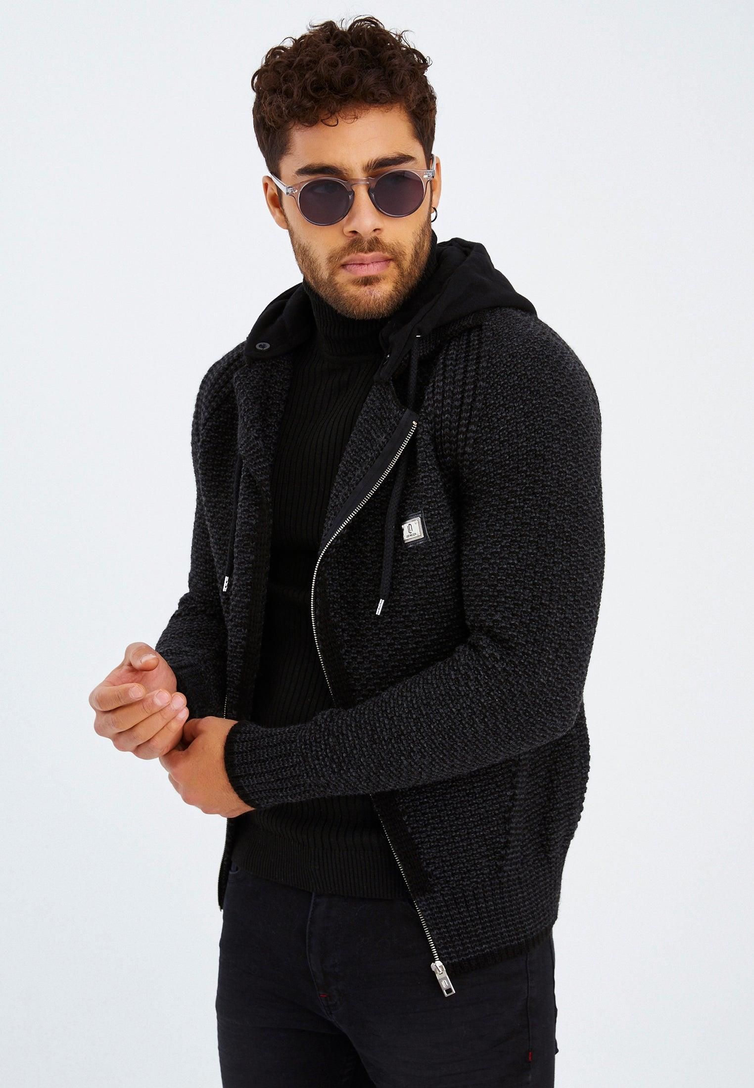 Leif Nelson Herentrui met capuchon, slim fit, hoodie, pullover met capuchon, lange mouwen, gebreide trui, sweatshirt, winterpullover LN7040, zwart, M