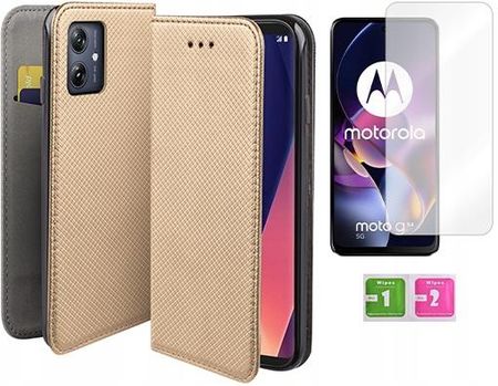 Martech Etui Z Klapką Do Motorola Moto G54 5G Złoty Smart Magnet Szkło Na Ekran