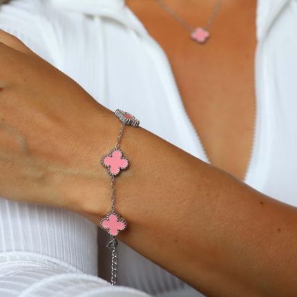 Otien Bransoletka srebrna czterolistna koniczynka różowa ze stali szlachetnej (B20214)