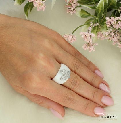 Diament Srebrny pierścionek damski 925 biała ceramika z motylkiem rozmiar 12 (DIAPRS7155925) - zdjęcie 2