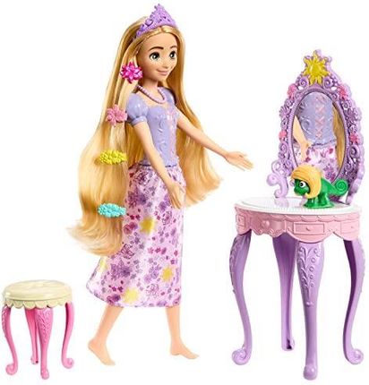 Mattel  Princess Księżniczka Disneya Toaletka Roszpunki Zestaw z toaletką, lalką, figurką Pascala i 10 akcesoriami HLX28