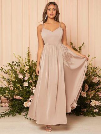 Shein Beżowa Satynowa Sukienka Maxi Z Koronką Odkryte Plecy S 26720