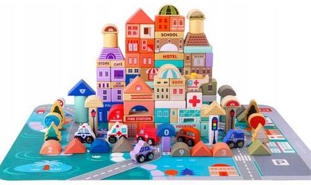 Klocki Miasto Drewniane Auta Zestaw + Puzzle Mata 115 Klocków Edukacyjne KRUZZEL - zdjęcie 5