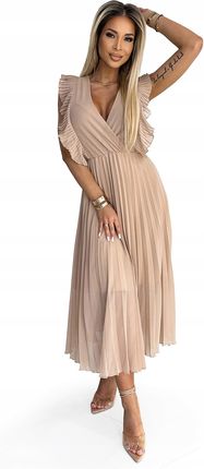 Beżowa plisowana sukienka z falbankami na ramionach i dekoltem S