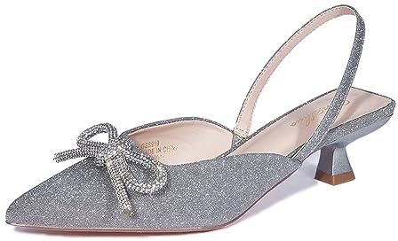 GENSHUO Czółenka typu slingback z kamieniami strasu i kokardką dla kobiet, zamknięty, spiczasty nosek, buty ślubne i dla panny młodej, rozmiar 36-42 E