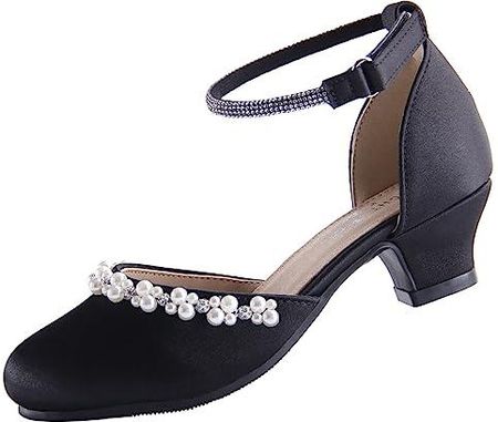 EIGHT KM Dziewczęce buty na wysokim obcasie, dla księżniczki, na wesele, imprezę, buty EKM7033, gładkie jedwabne perły, Pearl Silk czarny, 36 EU