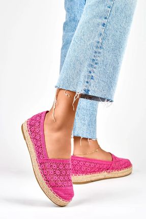 Koronkowe różowe espadryle damskie - 36