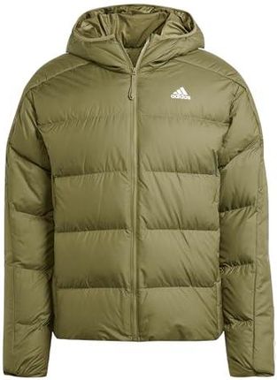 adidas Męska kurtka puchowa Essentials Midweight z kapturem, oliwkowa, Warstwy oliwkowe, M