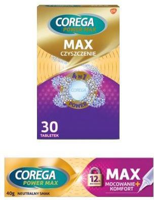 Corega Max Czyszczenie 4w1 30 tabletek + Corega Max Mocowanie + Komfort 40g