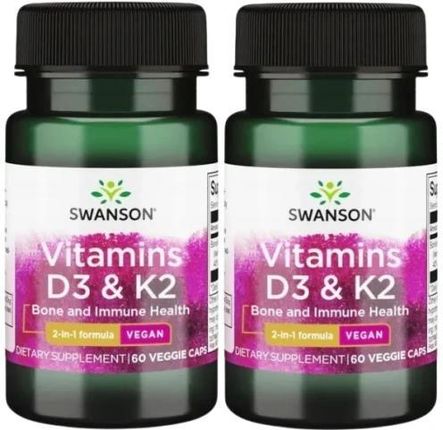 2 x Viamins D3 & K2 - Witamina D3 2000IU & K2 75mcg 60vcaps, Swanson