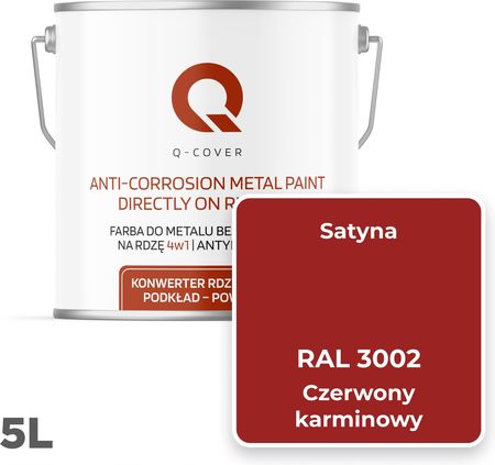 Q-Cover Farba Do Metalu Na Rdzę Blachę Czerwony Karminowy Ral 3002 Satyna 5L - zdjęcie 2