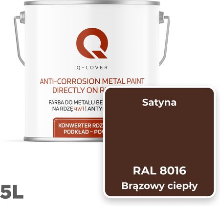 Q-Cover Farba Do Metalu Na Rdzę Stal Żeliwne Brązowy Ciepły Ral 8016 Satyna 5L - zdjęcie 5