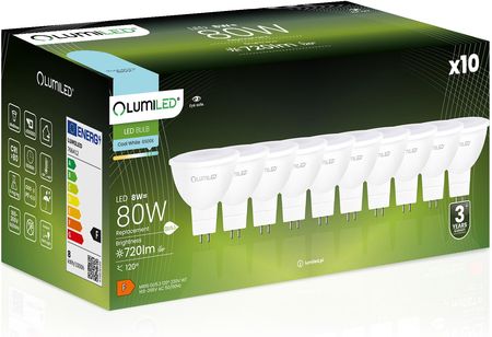Lumiled Zestaw 10X Żarówka Led Gu5.3 Mr16 8W = 80W 720Lm 6500K Zimna 120°