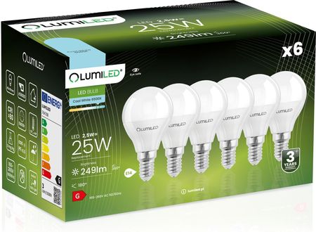 Lumiled Zestaw 6X Żarówka Led E14 P40 2,5W = 25W 249Lm 6500K Zimna 180°
