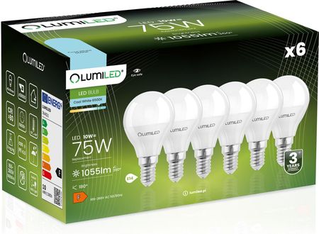 Lumiled Zestaw 6X Żarówka Led E14 P40 10W = 75W 1055Lm 6500K Zimna 180°