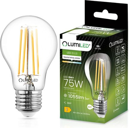 Lumiled Żarówka Led E27 A60 8W = 75W 1055Lm 4000K Neutralna 360° Filament