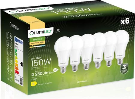 Lumiled Zestaw 6X Żarówka Led A80 E27 18W = 150W 2500Lm 3000K Ciepła 260°
