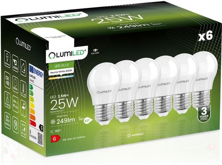 Lumiled Zestaw 6X Żarówka Led E27 P40 2,5W = 25W 249Lm 4000K Neutralna 180°