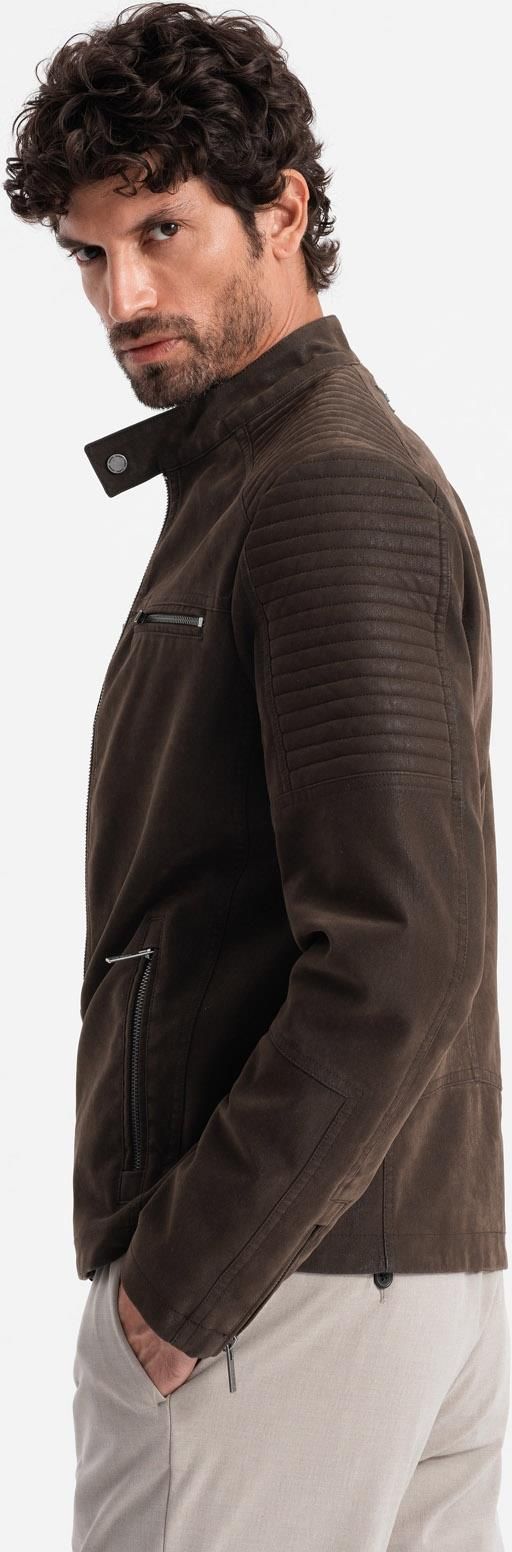 Męska kurtka biker w stylu retro ze stójką brązowa V1 OM-JAFL-0197