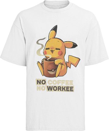 Zabawna koszulka damska z organicznej bawełny anime Oversize Pokémon Pikachu "No Coffee, No Workee