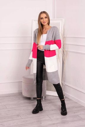 Sweter Kardigan w pasy szary+malinowy - zdjęcie 2