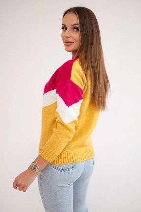 Sweter w geometryczne wzory fuksja+musztardowy - zdjęcie 3