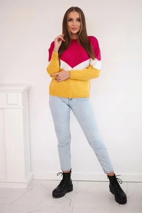 Sweter w geometryczne wzory fuksja+musztardowy - zdjęcie 2