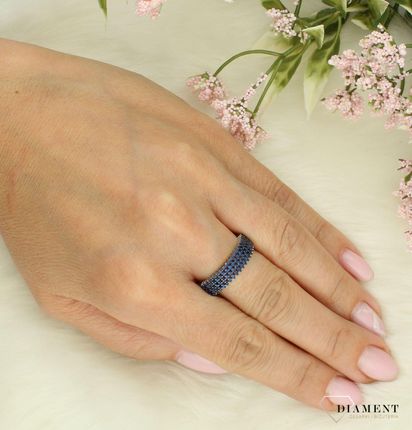 Diament Srebrny pierścionek damski 925 obrączka z granatowymi cyrkoniami rozmiar 20 - zdjęcie 2