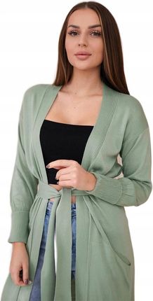 Sweter długi kardigan wiązany w talii ciemny miętowy