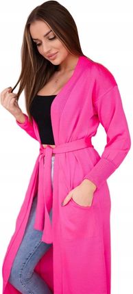 Sweter długi kardigan wiązany w talii różowy neon