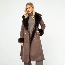 Zdjęcie Damski płaszcz dwurzędowy z futrzanym kołnierzem brązowy - Warszawa