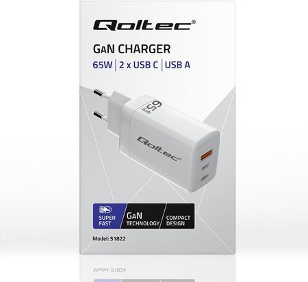 Qoltec Ładowarka Sieciowa 65W Gan | 5-20V 3-3.35A 2Xusb-C Pd 1Xusbqc 3.0 Biała - zdjęcie 2