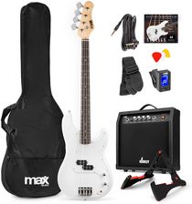 Zestaw; Gitara elektryczna basowa GigKit biała+ wzmacniacz statyw akcesoria