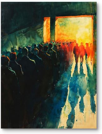 Mieszkomieszko Obraz Tłum Ludzi W Podróży Przez Portal Do Salonu Ciemnoniebiesko-Pomarańczowy 70x100cm