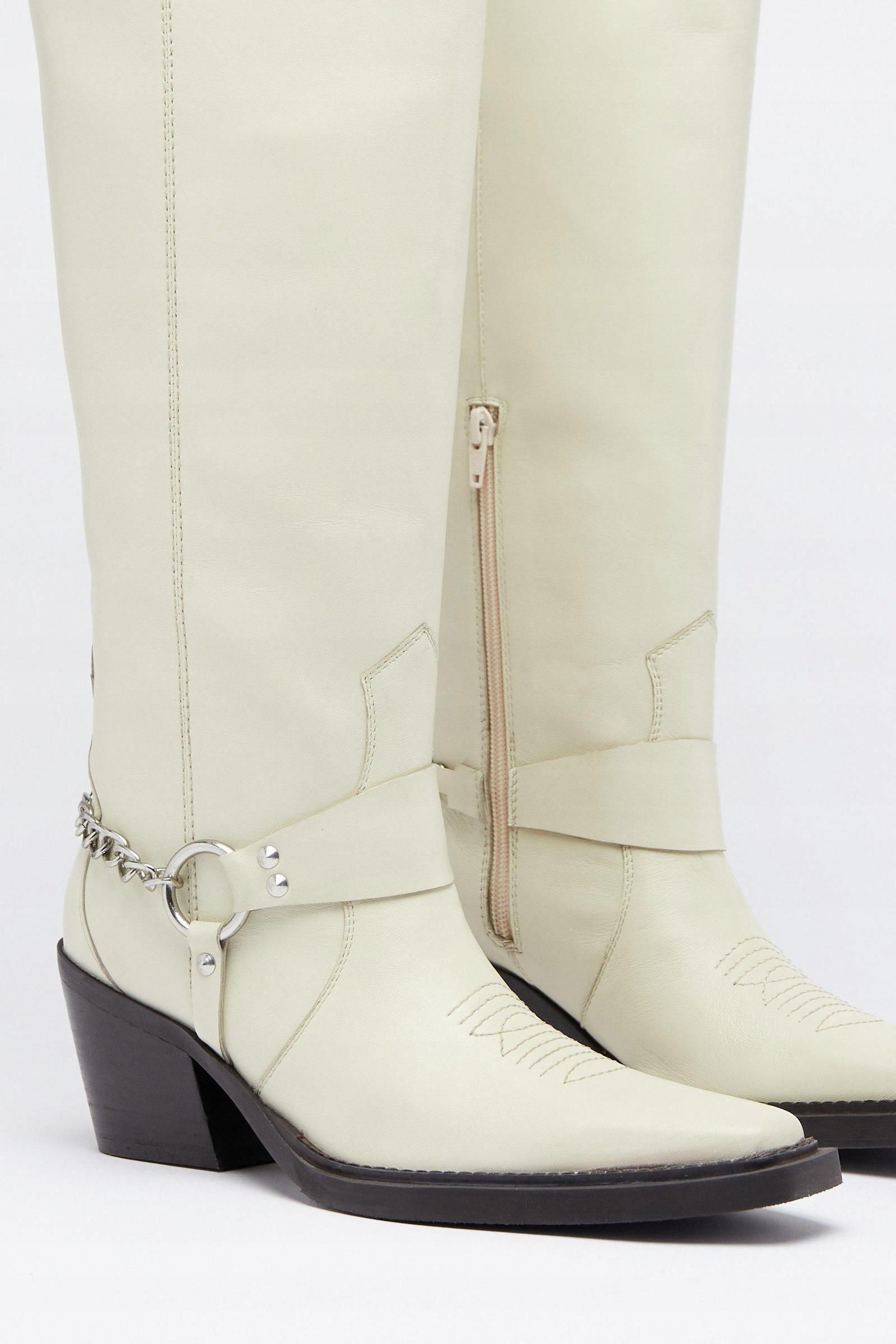 Warehouse Skórzane Buty Kowbojki Sprzączka Łańcuch Ćwieki